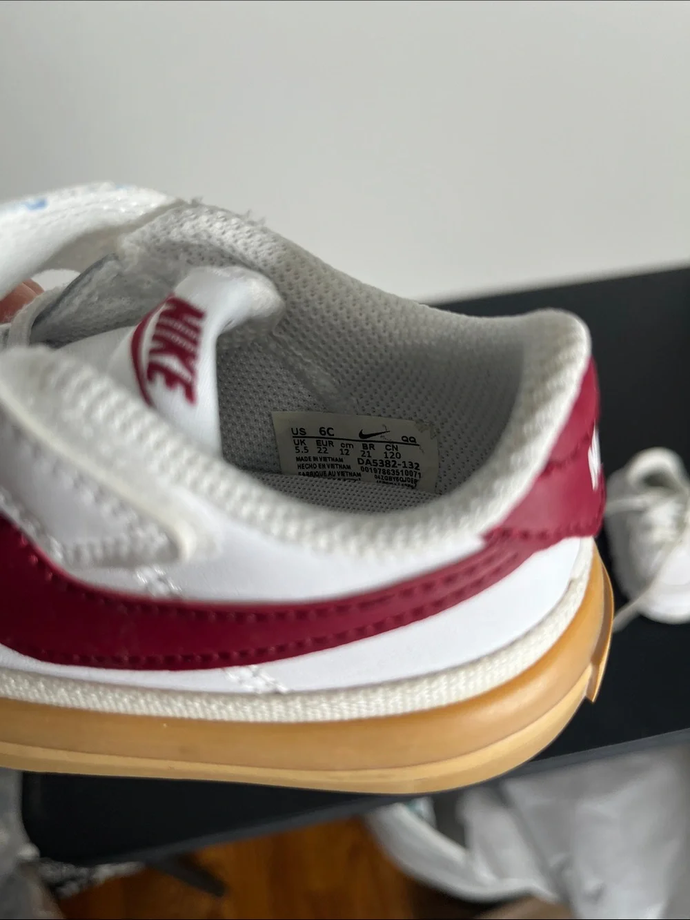 Nike Kids White Sneakers with Red Swoosh and Gum Sole - Velcro